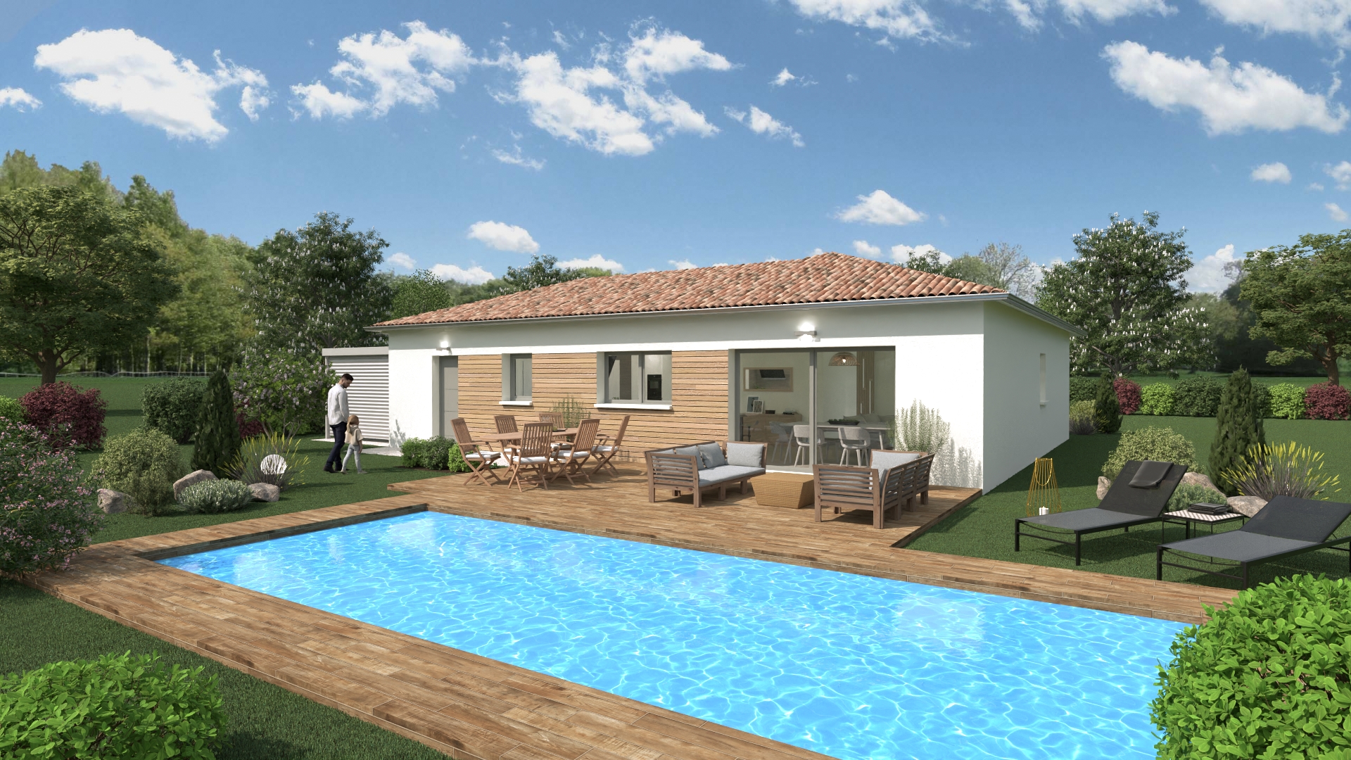 Maisons ossature bois - Plain pied 75m² + Garage - Terrain de 580m² à SENAS